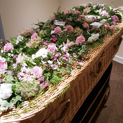 Wicker Coffin garland flowers